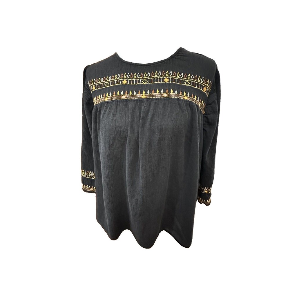J JILL WOMENS GAUZE EMBROIDERED BLACK PEASANT TOP BLOUSE BELL SLEEVES BOHO XL